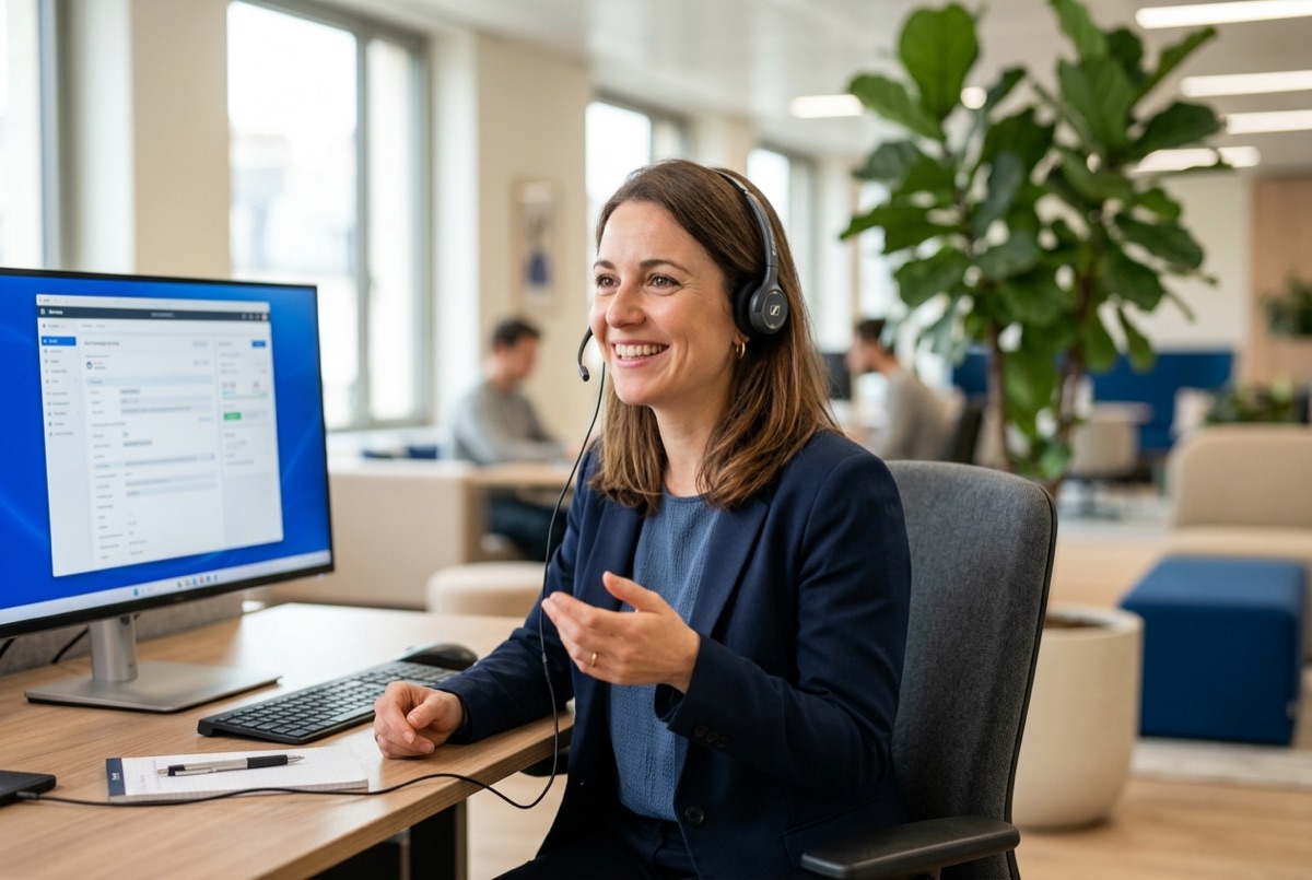 Conseiller souriant au casque téléphonique, en train d'accompagner un créateur de micro-entreprise
