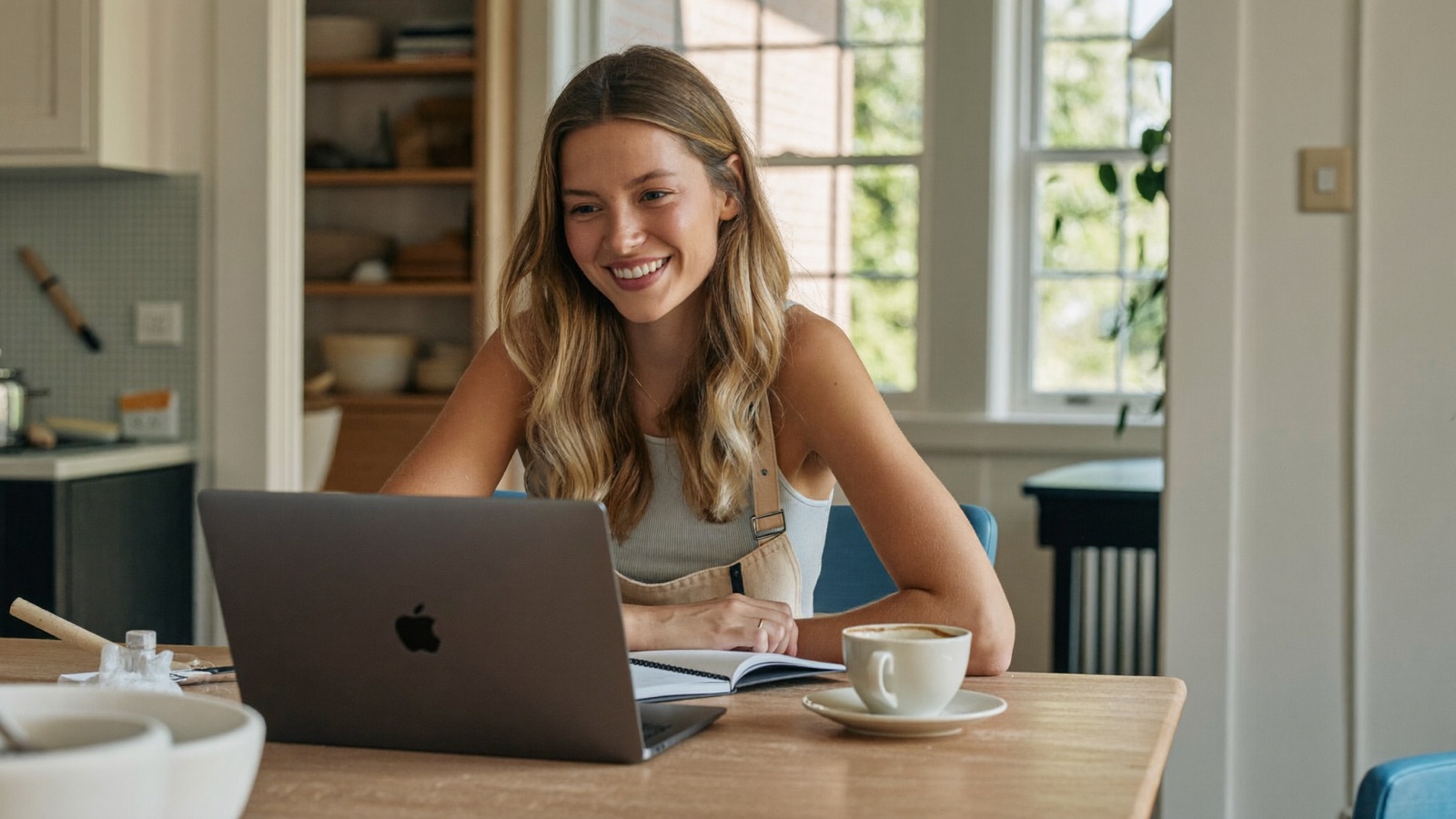 Céramiste souriante installée devant son ordinateur portable, en train de préparer la création de sa micro-entreprise
